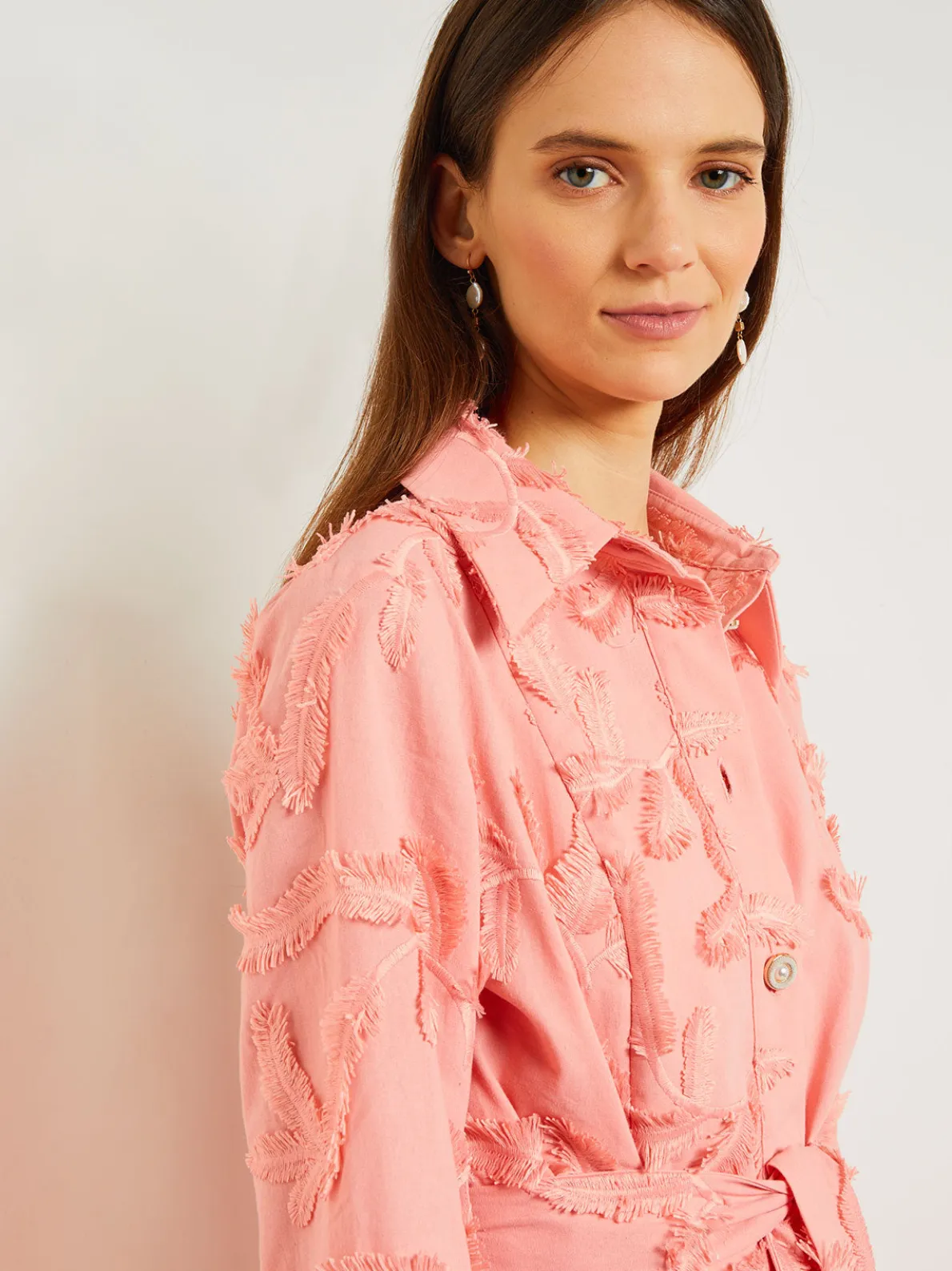 Tailored Fit Button Front Jacket - Belted Fringe Applique Cotton