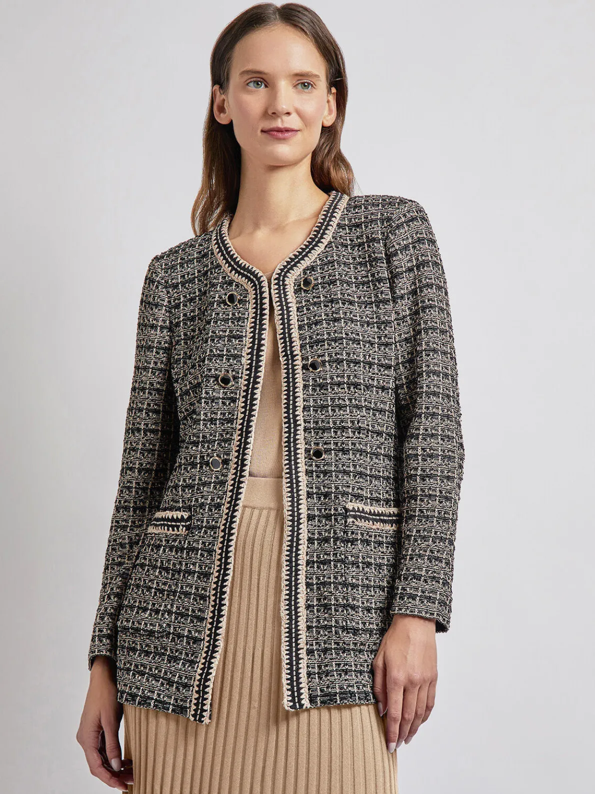Tailored Fit Contrast Trim Tweed Knit Jacket