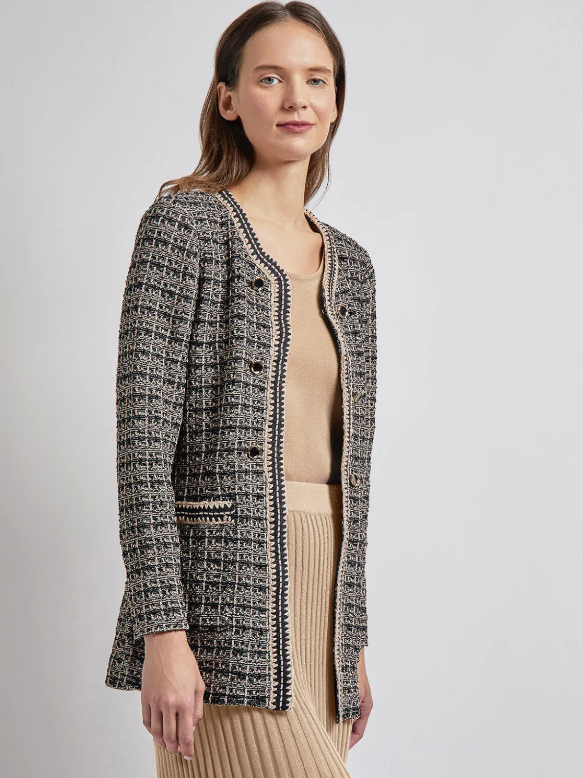 Tailored Fit Contrast Trim Tweed Knit Jacket