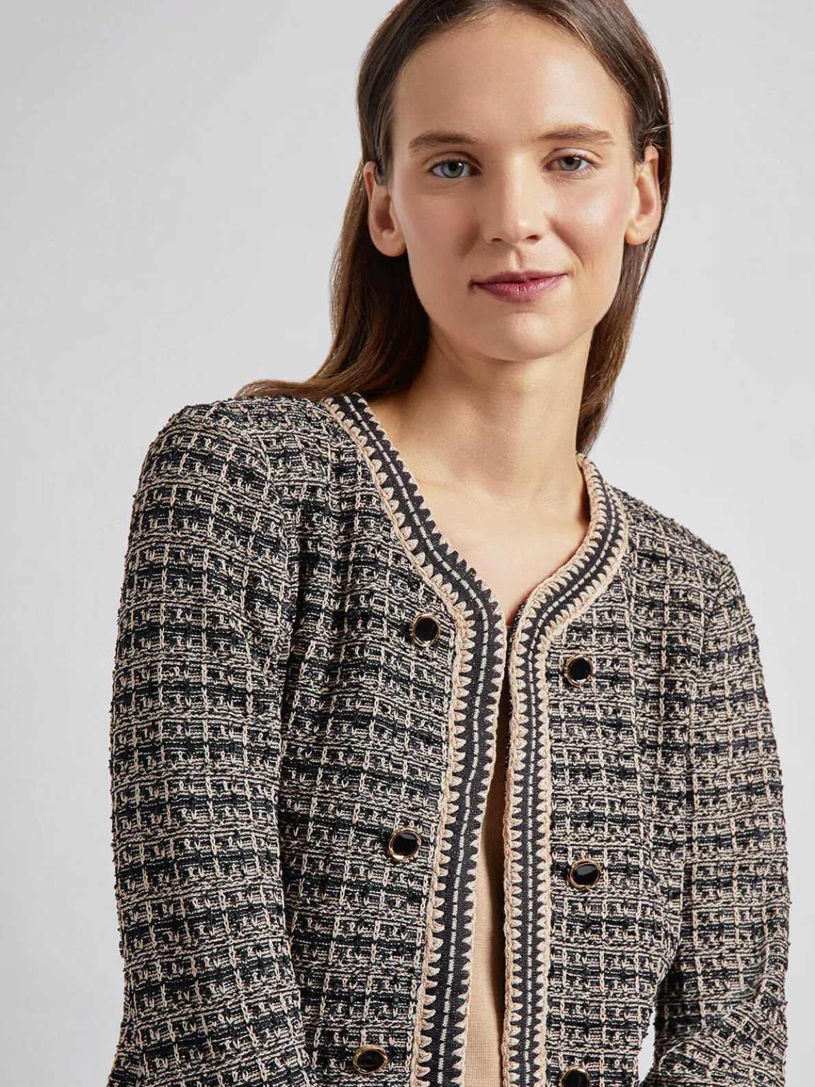 Tailored Fit Contrast Trim Tweed Knit Jacket