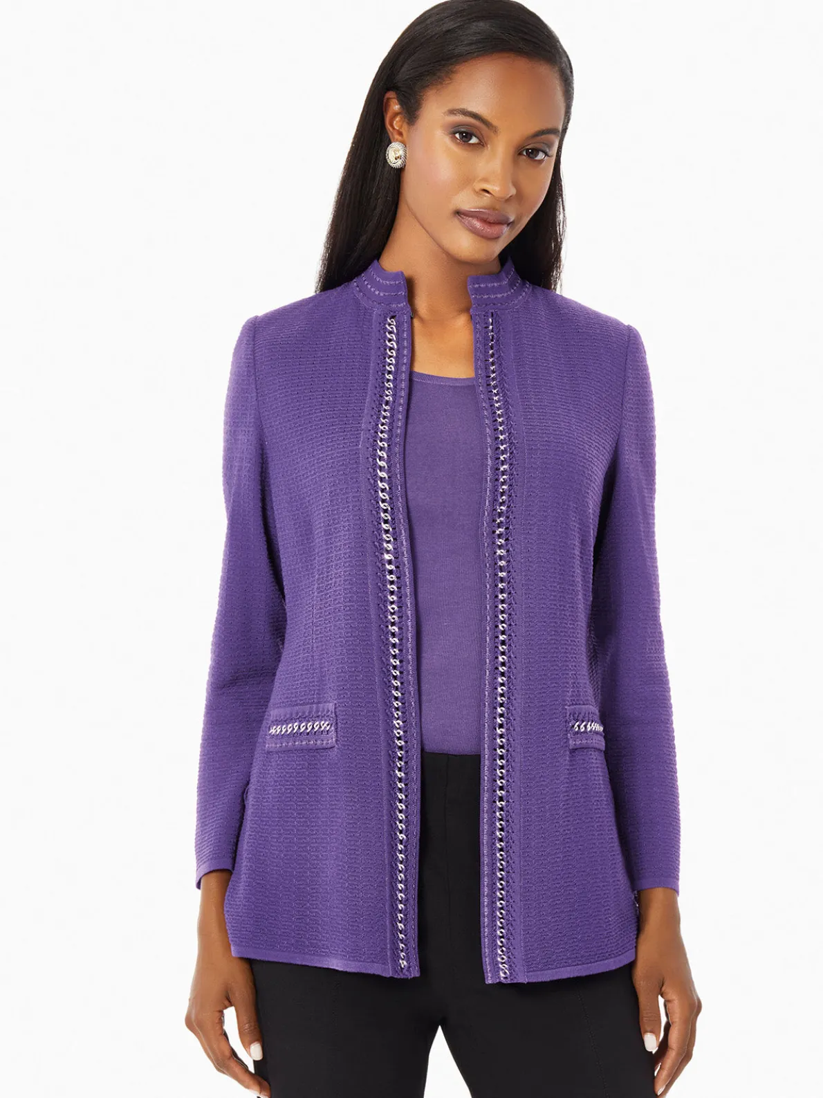 Tailored Fit Crocheted Chain Trim Textured Knit Jacket