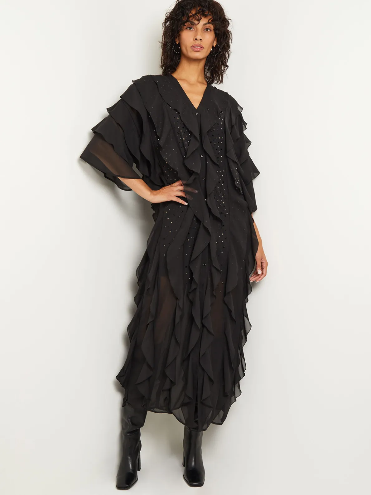 Tiered Ruffle Woven Chiffon Maxi Dress
