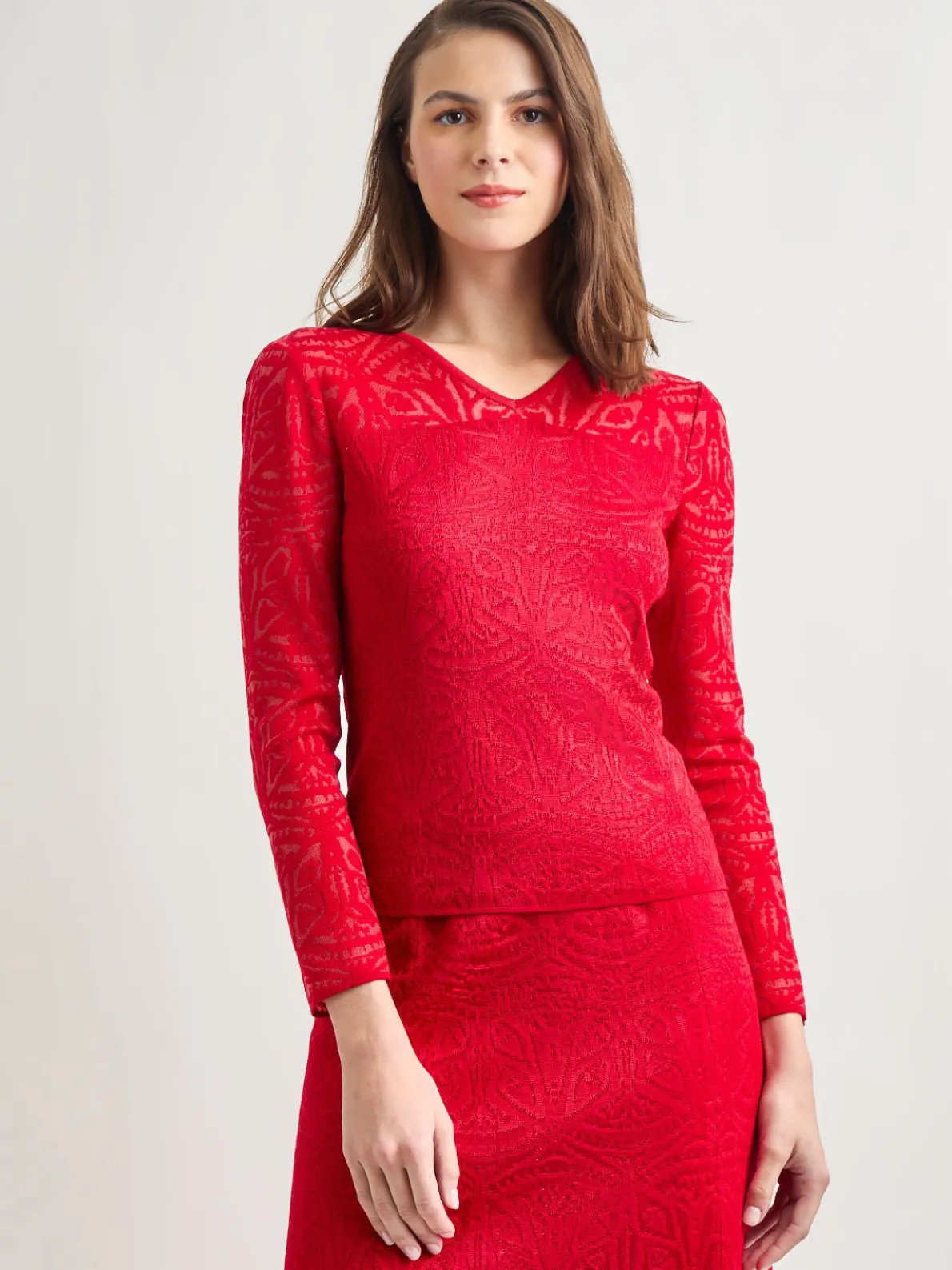 Tonal Patterned V-Neck Burnout Knit Top