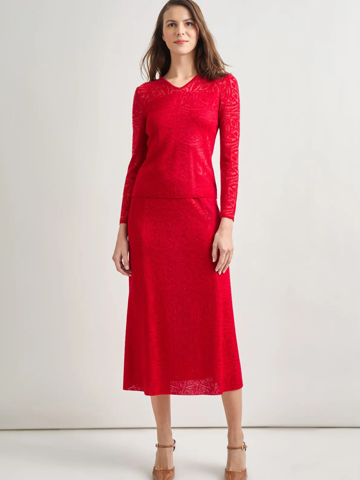 Tonal Patterned V-Neck Burnout Knit Top