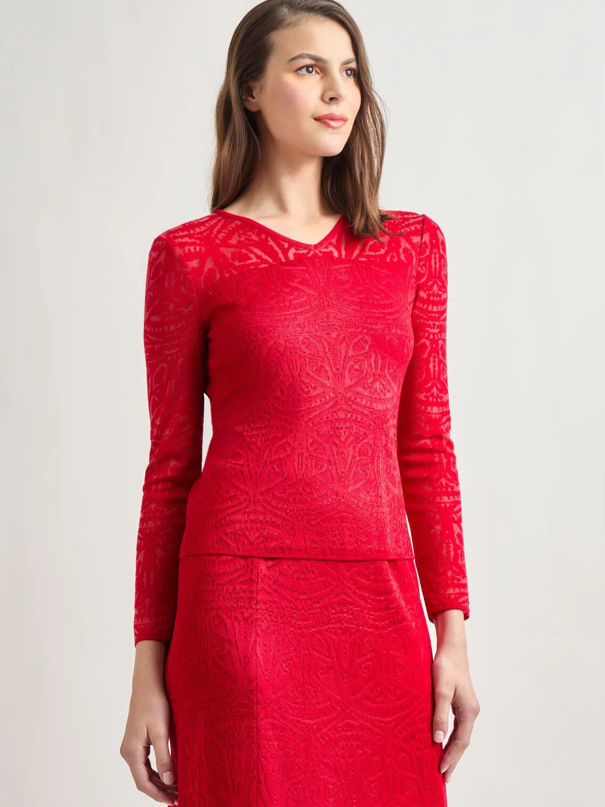 Tonal Patterned V-Neck Burnout Knit Top