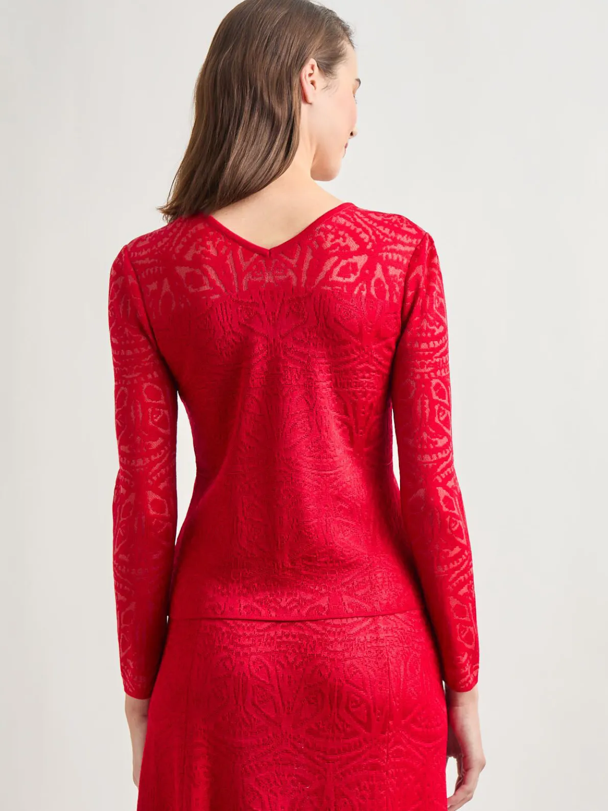 Tonal Patterned V-Neck Burnout Knit Top