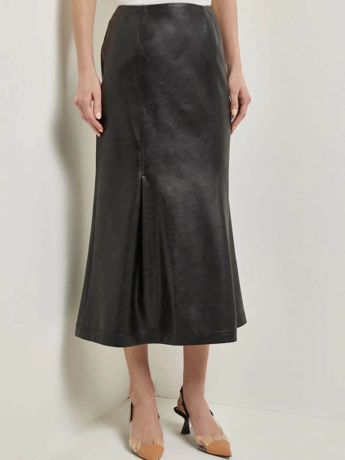 Vegan Leather Front Pleat Trumpet Skirt