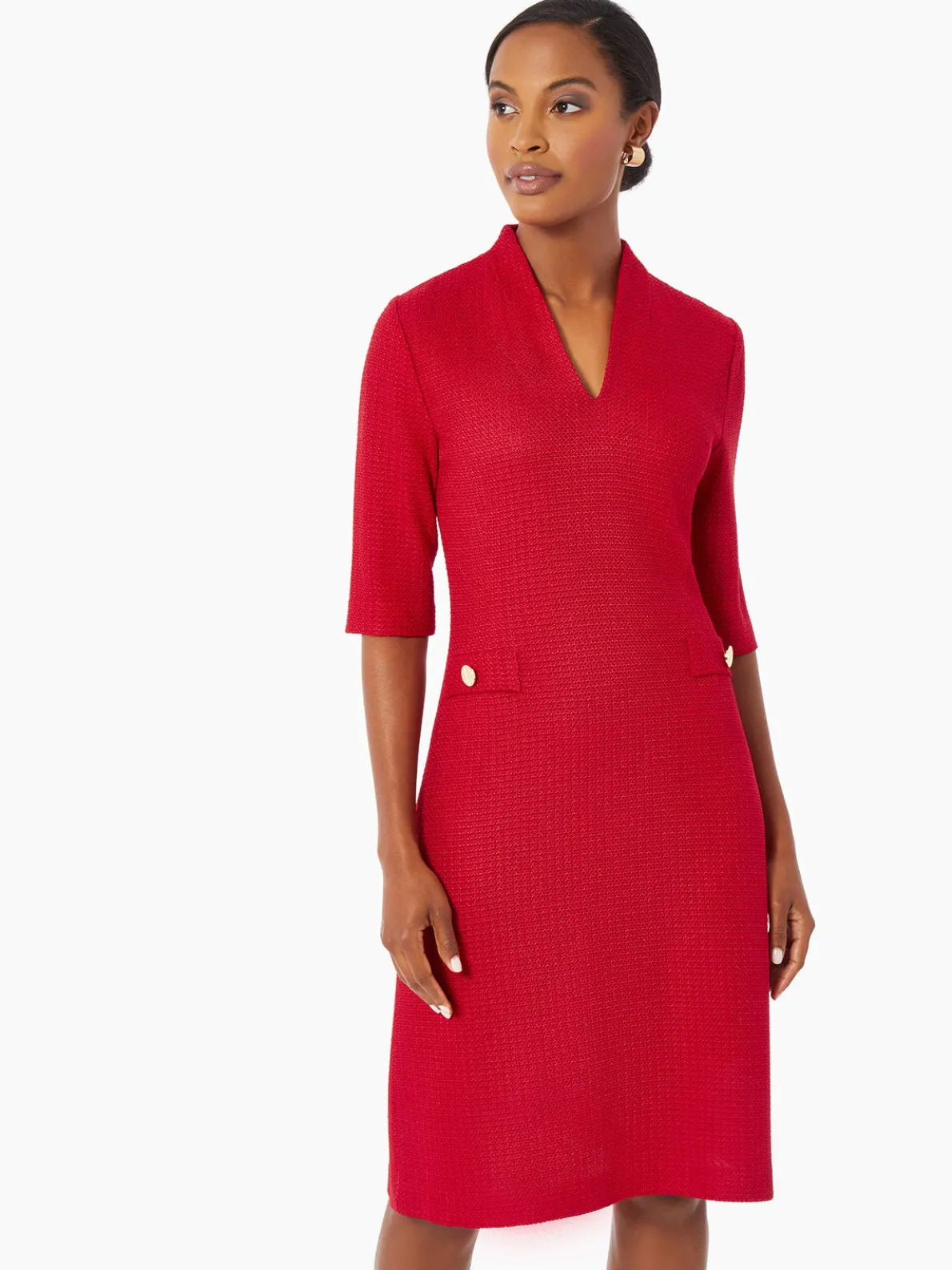V-Neck Textured Knit Flare Dress
