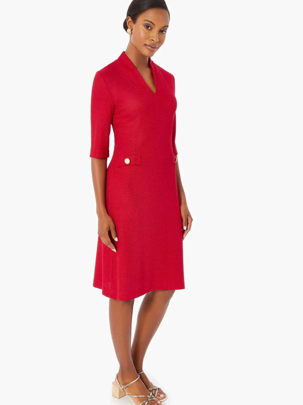 V-Neck Textured Knit Flare Dress