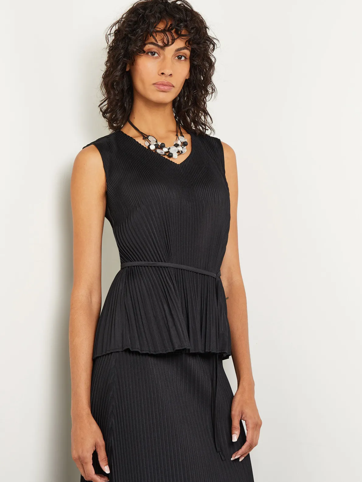 V-Neck Tie-Waist Pleated Crepe de Chine Tank Top