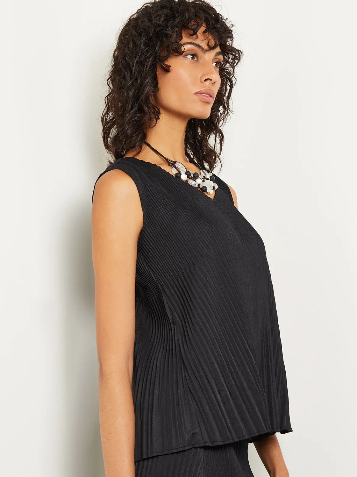 V-Neck Tie-Waist Pleated Crepe de Chine Tank Top