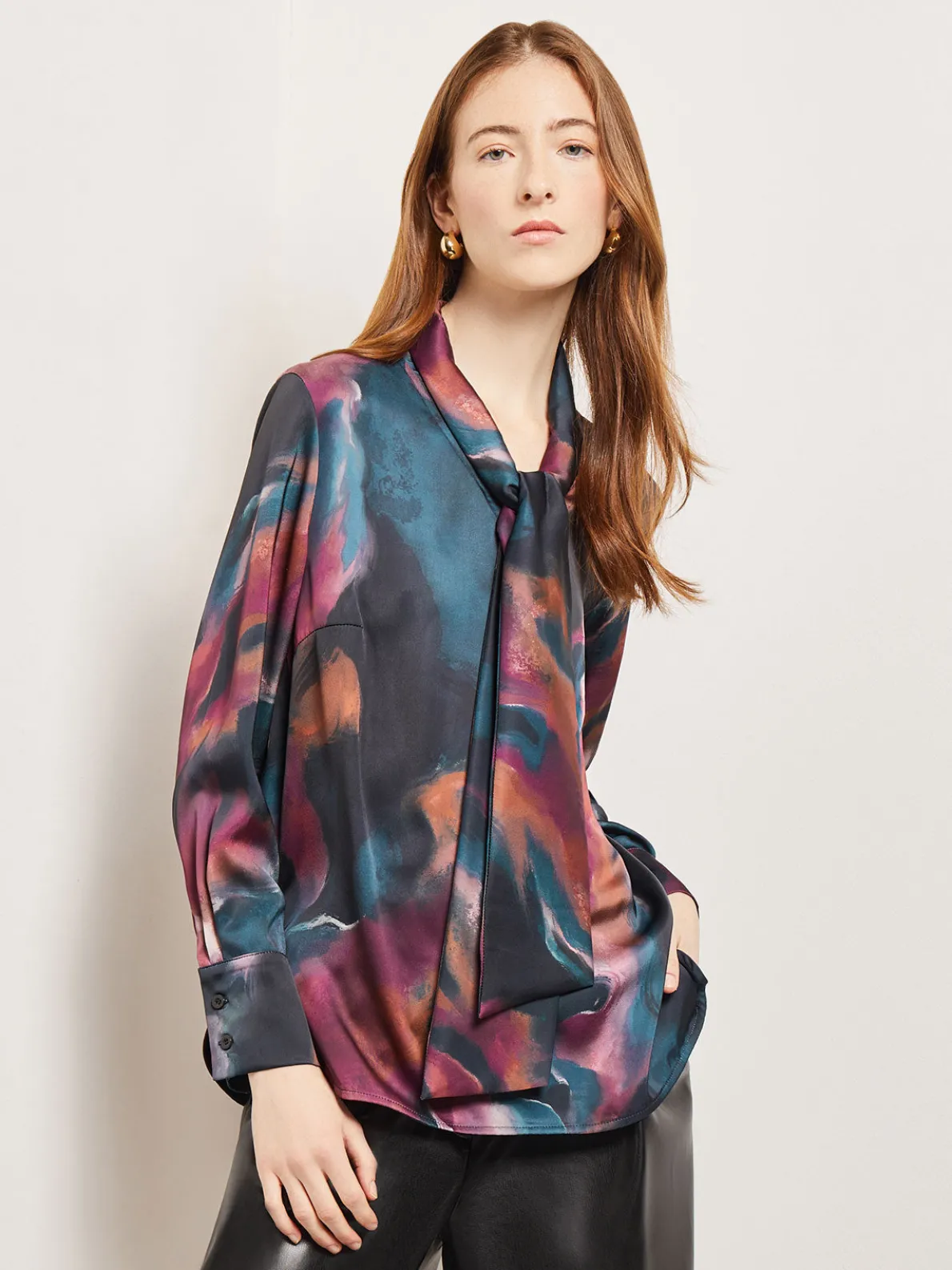 Watercolor Tie Neck Crepe de Chine Blouse