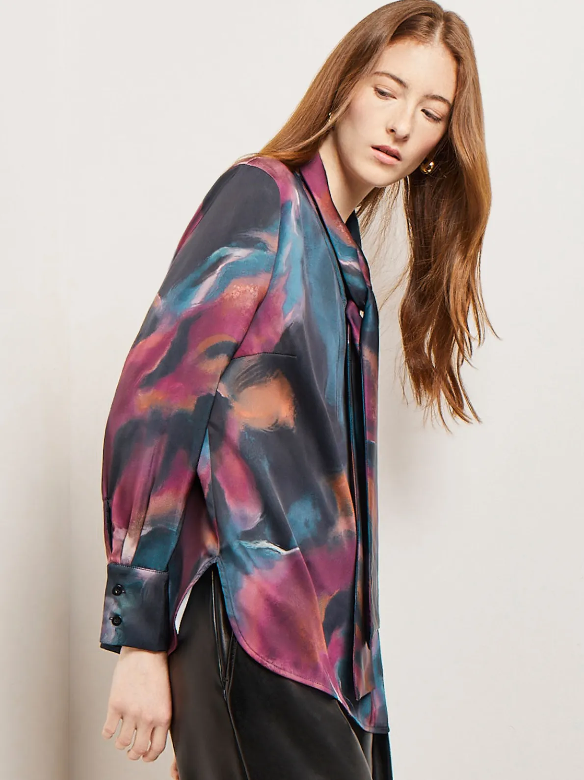Watercolor Tie Neck Crepe de Chine Blouse