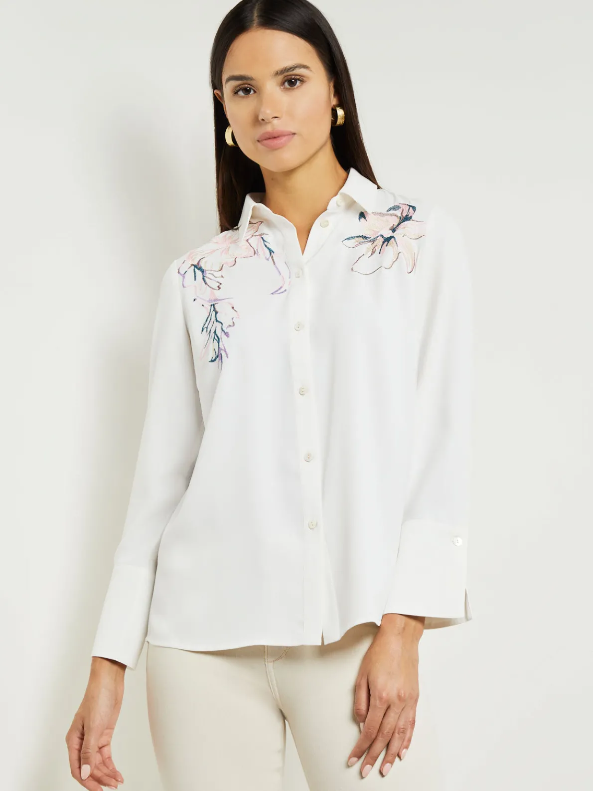 White Floral Top - Crepe de Chine Blouse | Misook